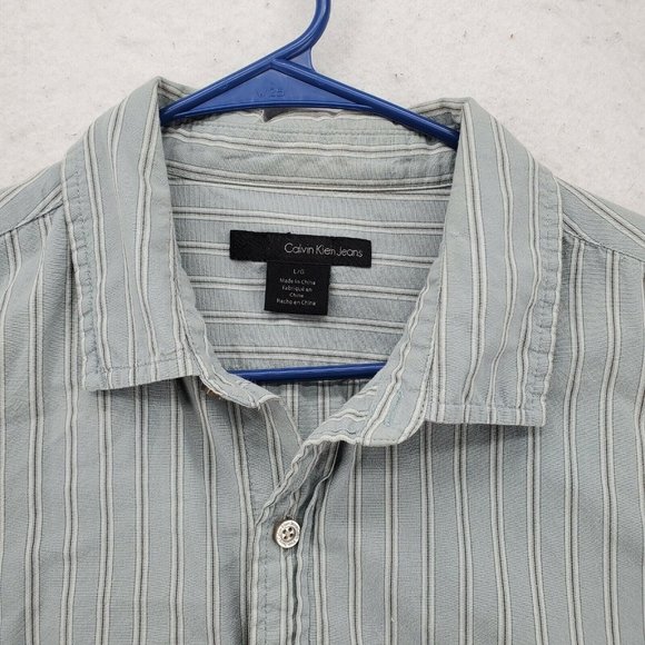 Calvin Klein Shirt Men's Long Sleeve Casual Button Up Oxford Striped Blue Large - Picture 8 of 12